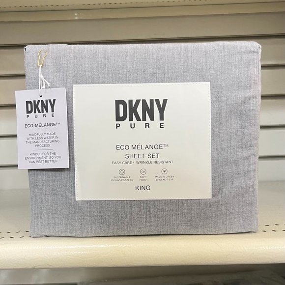 DKNY Pure King Gray Sheets Sheet Set Fitted, Flat, Pillowcases Eco Melange - Picture 1 of 5